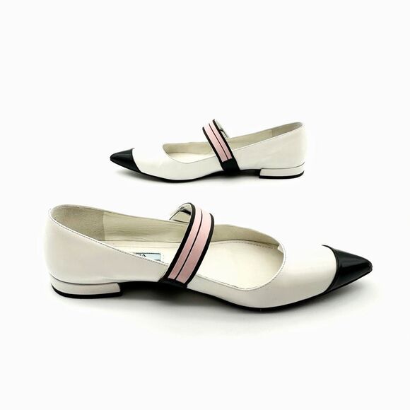 PRADA Mary Jane Cap Pointed Toe Ballet Flats Size 37 US 6.5 White Black Pink - Picture 8 of 10